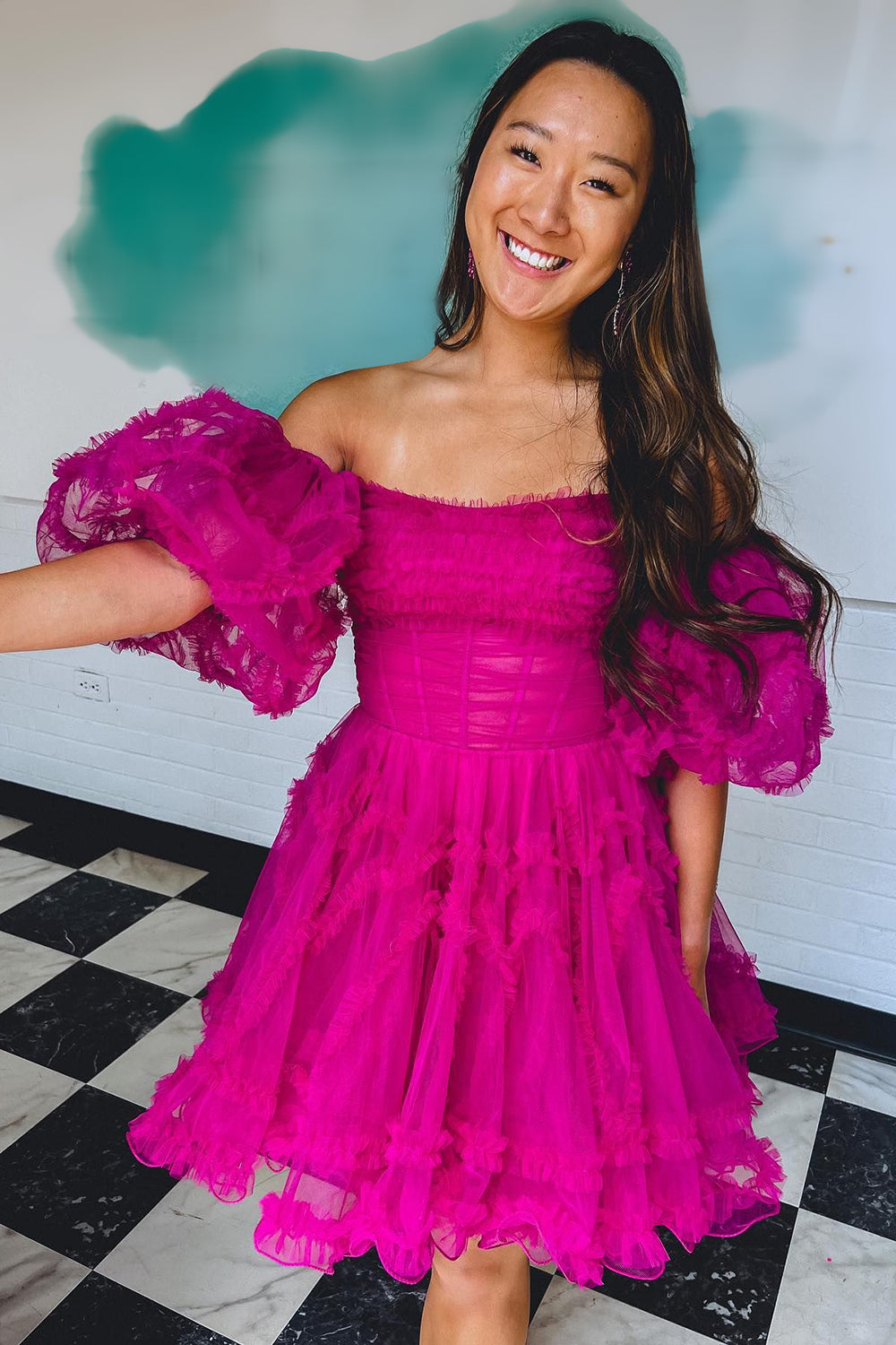 Fuchsia Corset Puff Sleeves A-Line Short Homecoming Dress with Ruffles