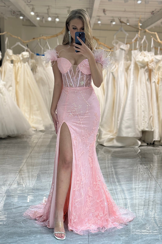 Pink Off the Shoulder Mermaid Corset Prom Dress with Slit