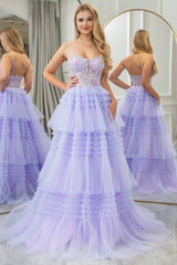 Lilac A Line Tulle Tiered Long Corset Prom Dress With Appliques