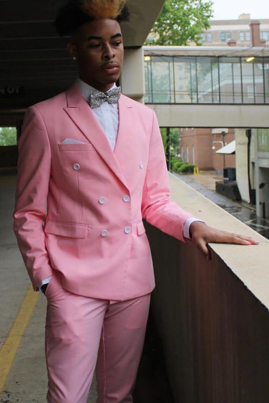 Trendy Pink Peak Lapel Double-Breasted 2-Piece Prom Suit for Men