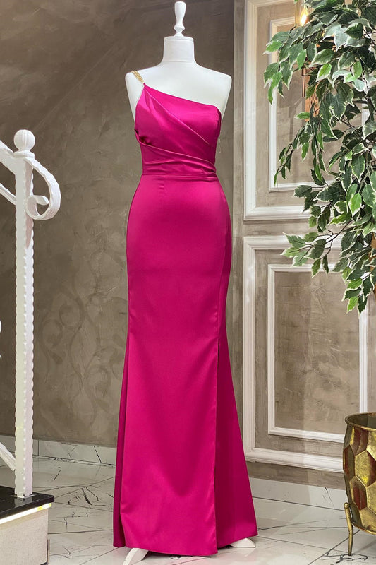 Fuchsia One Shoulder Floor Length Mermaid Evening Dress with Pleats