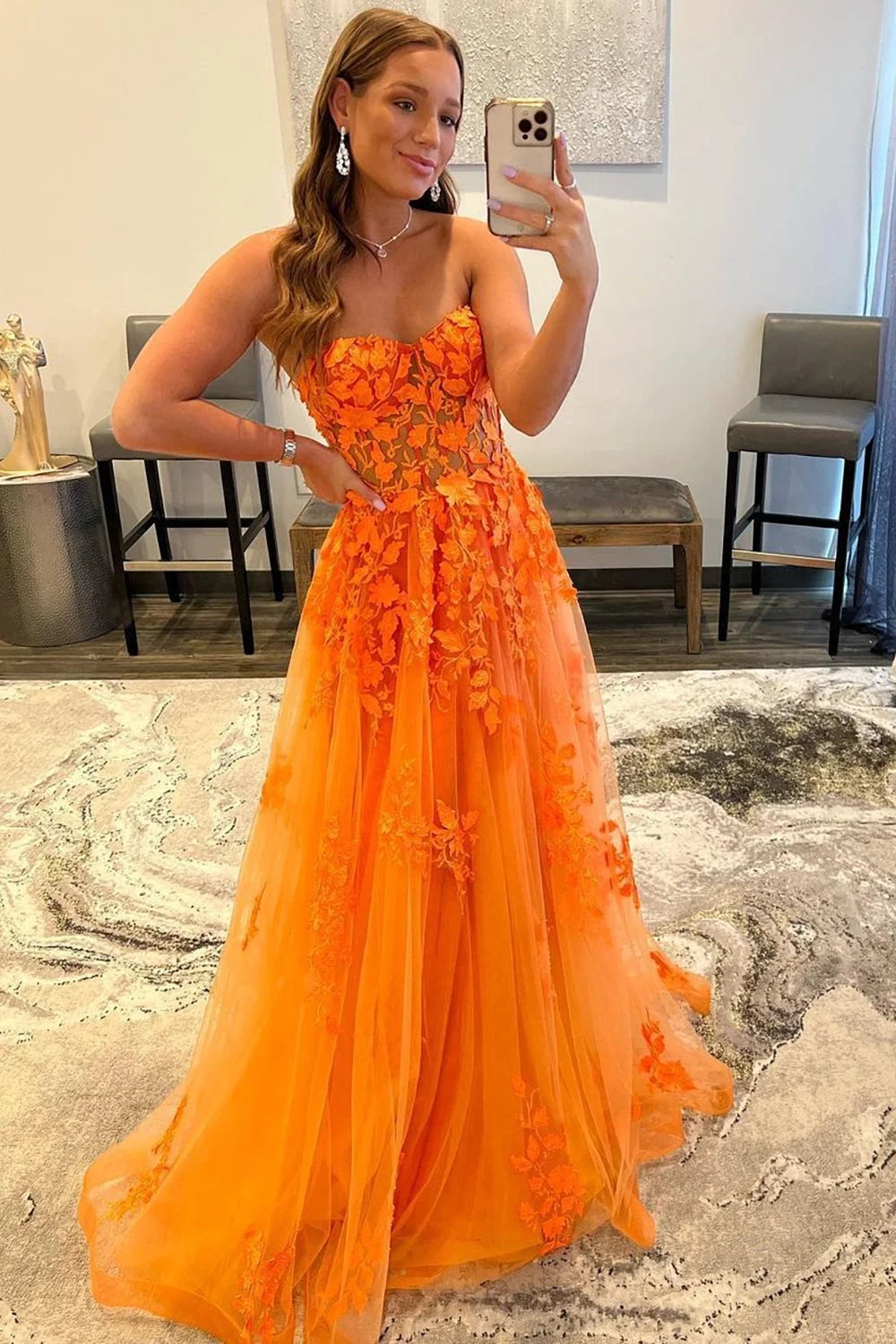 Orange Sweetheart Long Prom Dress with Appliques