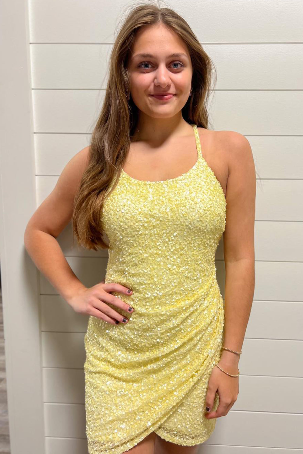 Sparkly Yellow Sequins Asymmetrical Tight Homecoming Dress