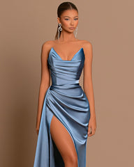 Elegant Royal Blue Long Charmeuse Evening Dress with Slit Pleats