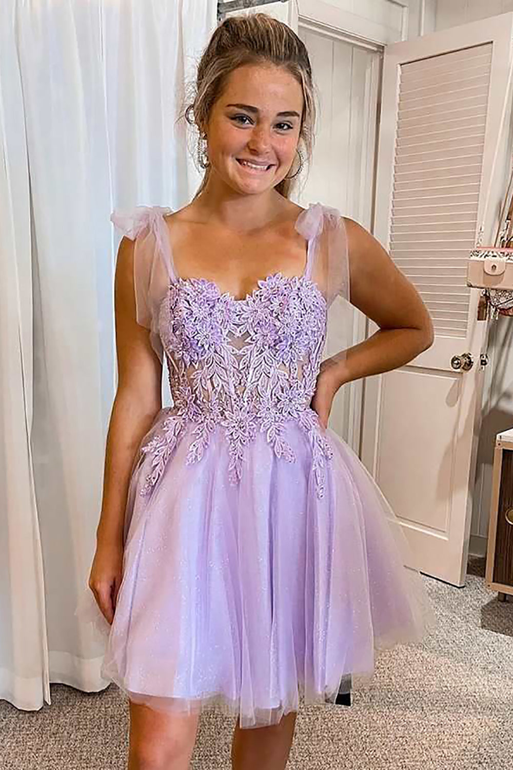 Purple Corset A-Line Tulle Short Homecoming Dress with Lace