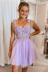 Purple Corset A-Line Tulle Short Homecoming Dress with Lace