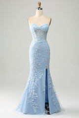 Light Blue Mermaid Sweetheart Long Corset Appliqued Prom Dress With Slit