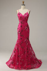 Hot Pink Sequins Print Mermaid Prom Dress