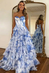 A Line Prom Dress Blue Sweetheart Corset Floral Tiered Long Formal Dress