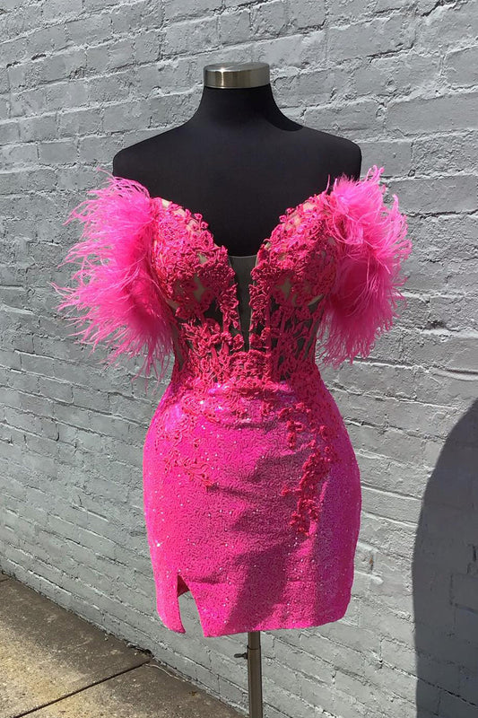 Sparkly Fuchsia Corset Sequins Tight Short Homecoming with Feathers