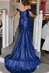 Blue Off Shoulder Mermaid Prom Dress with Slit