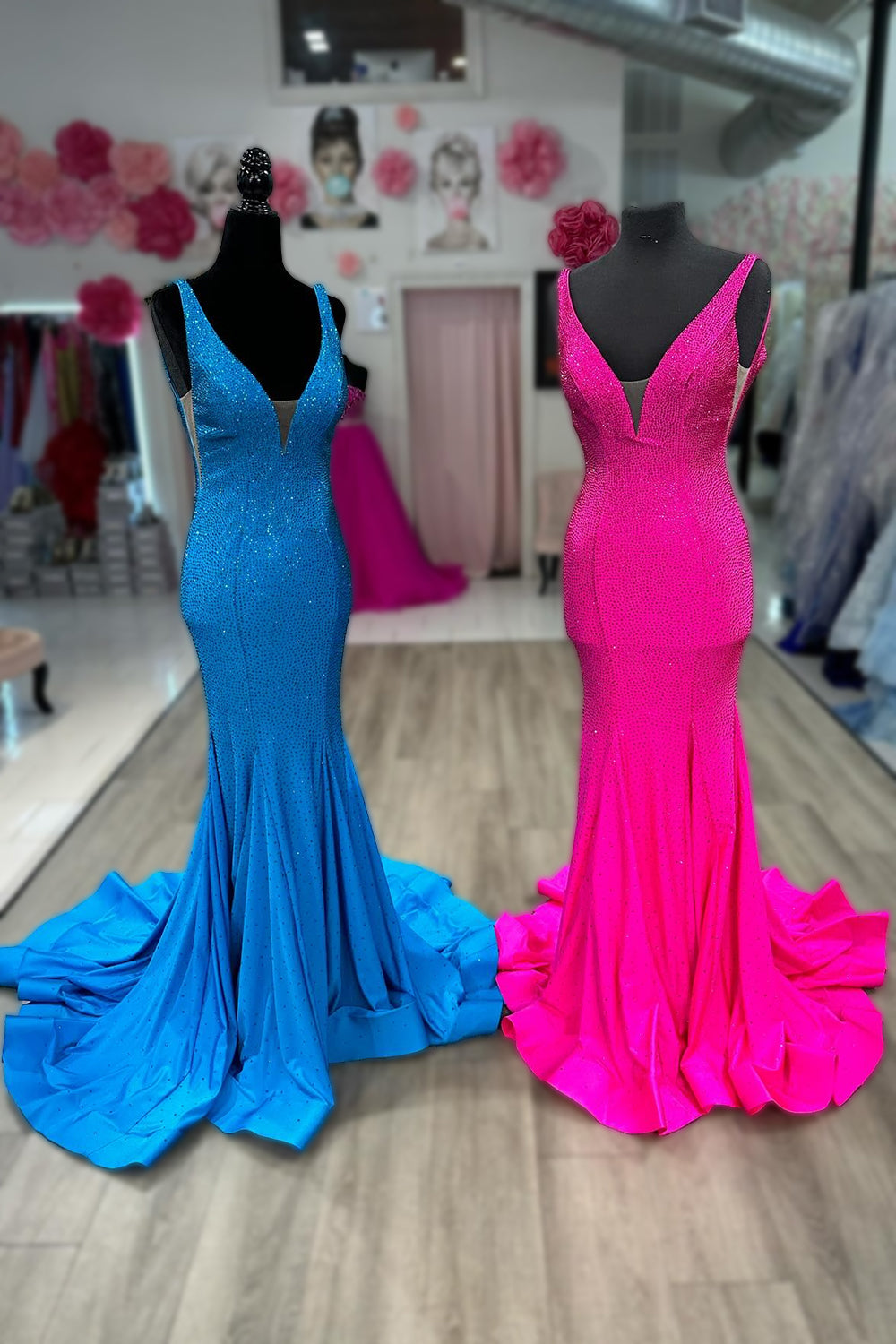 Mermaid Deep V Neck Royal Blue Long Prom Dress with Beading