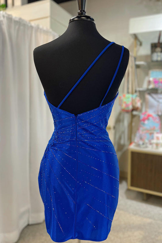 Sparkly Royal Blue Sequined One Shoulder Tight Short Homecoming Dress with Appliques