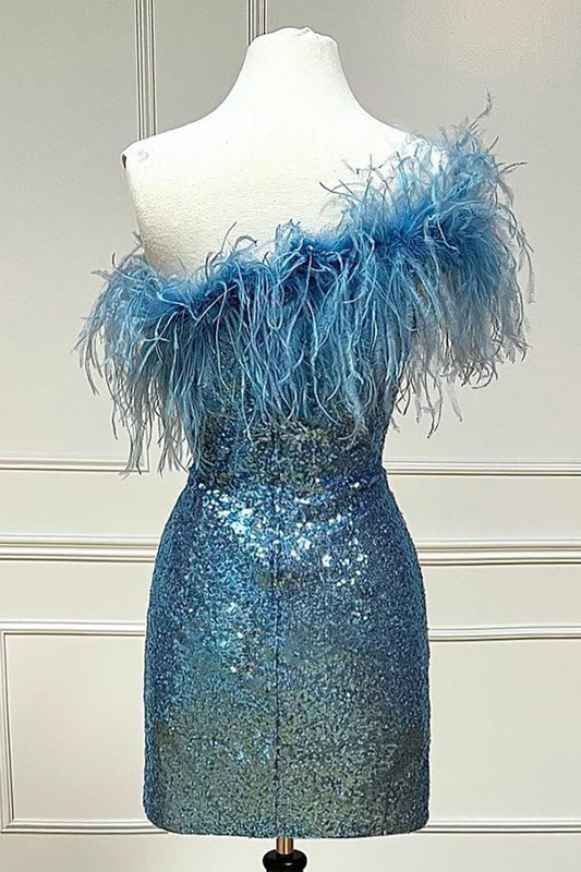 Light Blue Sparkly Tight Sequins Homecoming Dress with Feathers