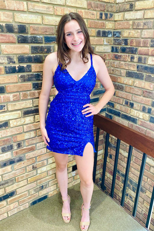 Sparkly Royal Blue Criss-Cross Straps Back Tight Short Sequins Homecoming Dress