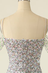 Silver Sequined Cocktail Dress With Fringes