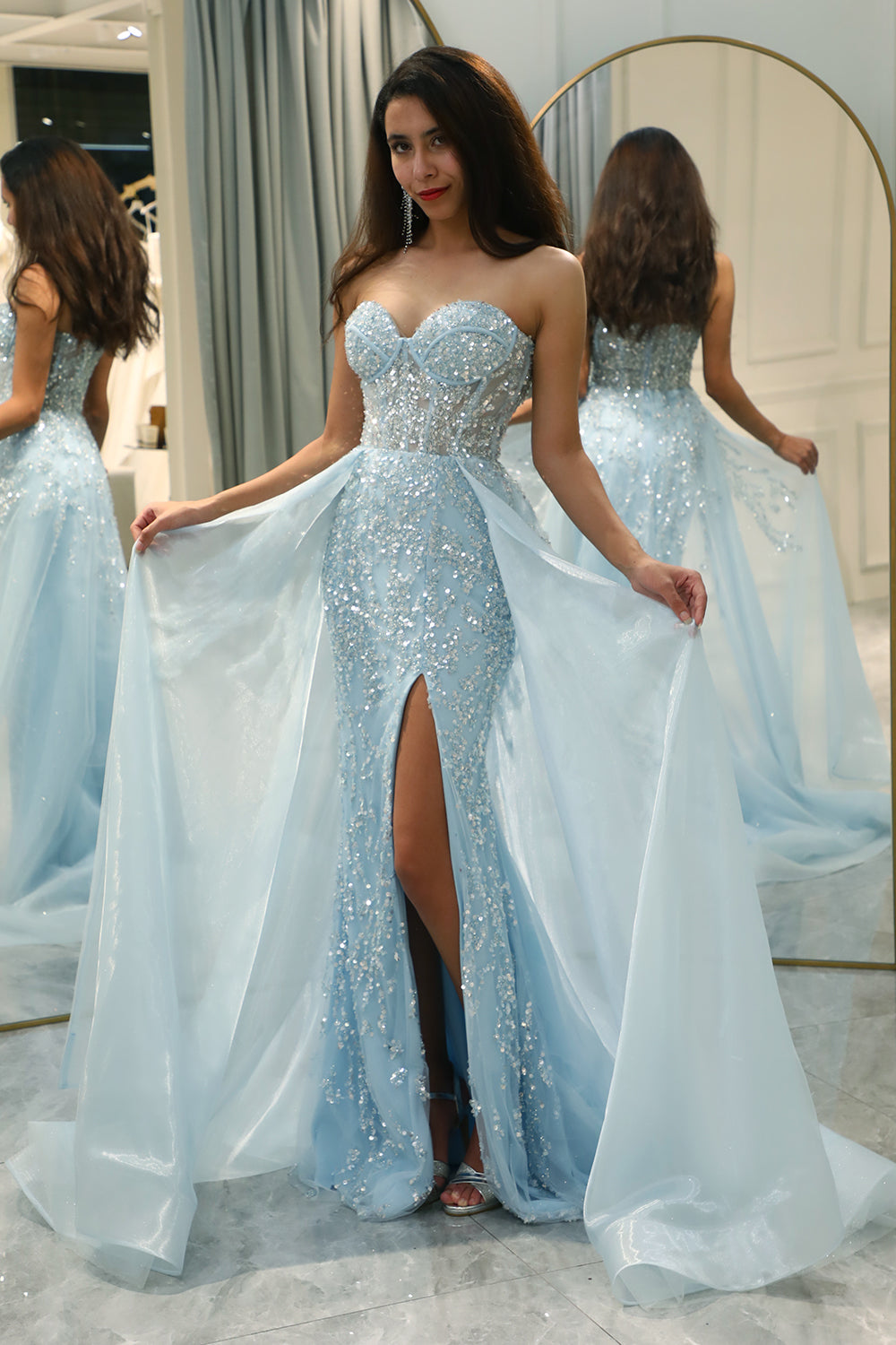 Sparkly Light Blue A Line Long Corset Prom Dress With Slit