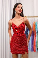 Red Glitter Corset Sequin Tight Short Mirror Homecoming Dress