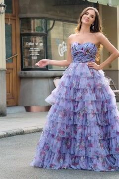 Lavender A Line Strapless Long Tiered Prom Dress With Feathers