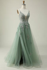 Dark Green A-Line Tulle Appliques Long Prom Dress with Slit