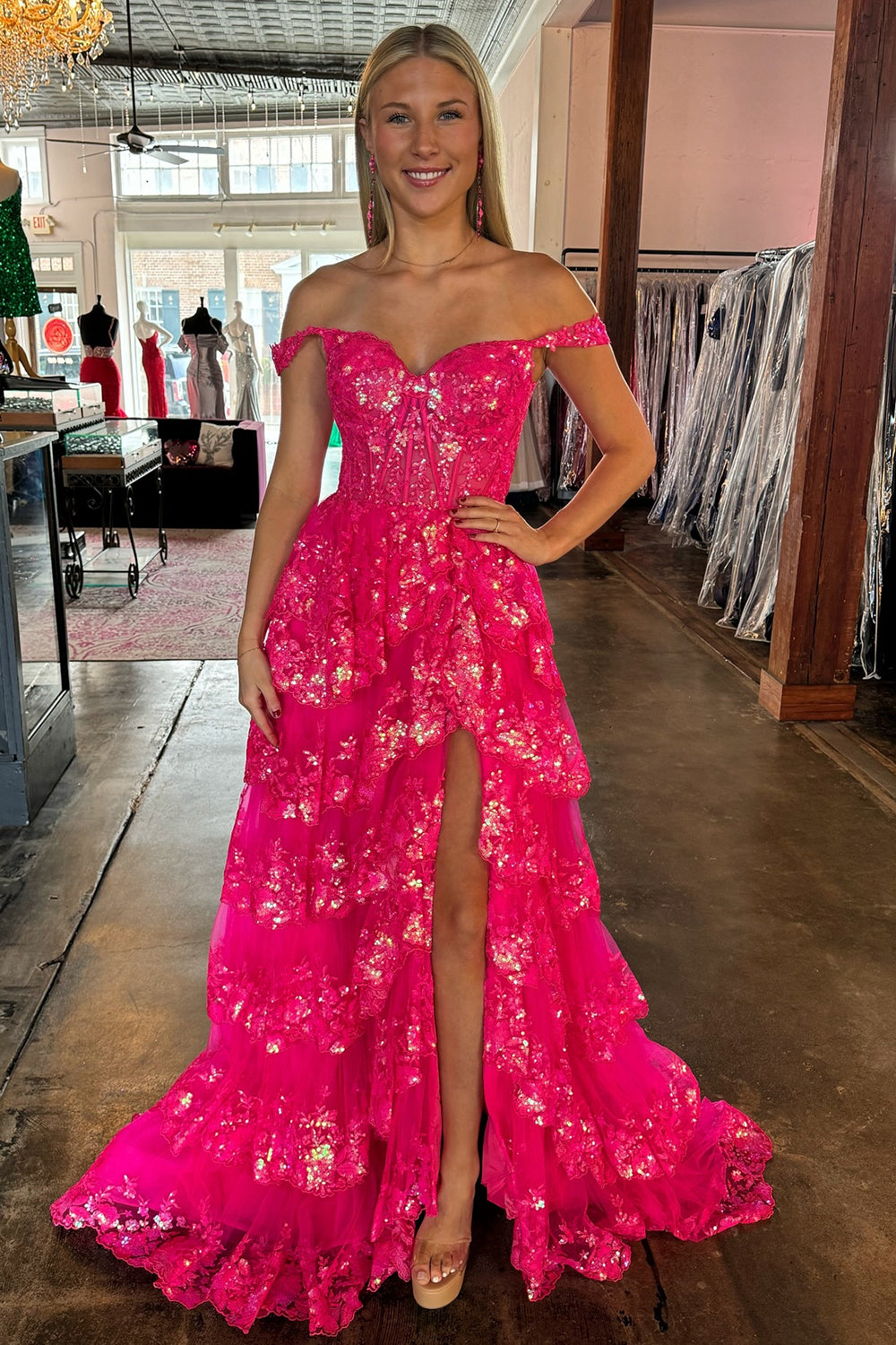 Sparkly Fuchsia Tiered Long Lace Prom Dress with Slit