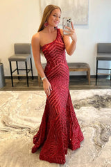 White One Shoulder Sequined Mermaid Prom Dress