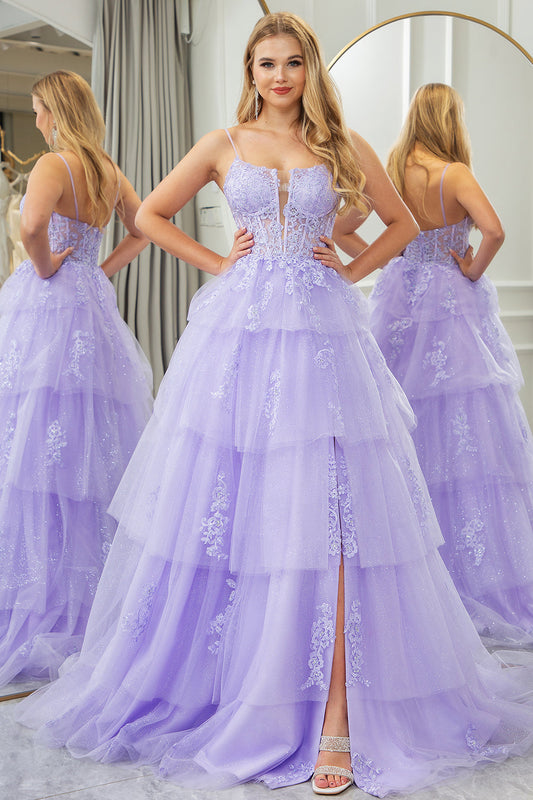 Lilac A Line Appliqued Tiered Long Corset Prom Dress With Slit