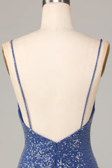 Sparkly Spaghetti Straps Dark Blue Short Homecoming Dress with Embroidery