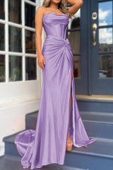 Royal Blue Corset Mermaid Draped Satin Long Prom Dress with Slit