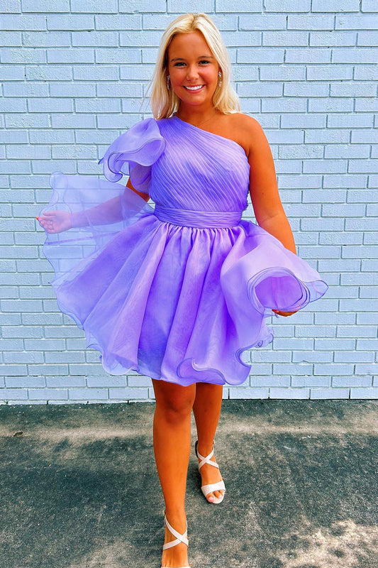 Purple A-Line One Shoulder Organza Homecoming Dress with Ruffle