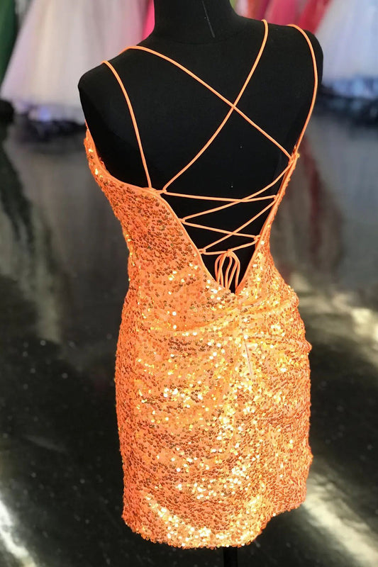 Sparkly Orange Sequined Tight Short Homecoming Dress