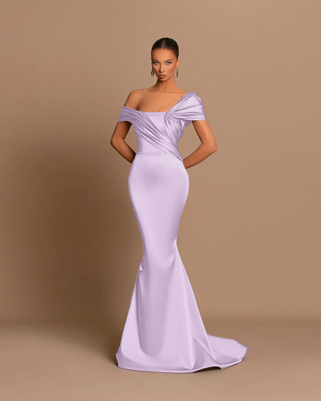 Grey Off-The-Shoulder Bateau Pleated Ball Gown Evening Dress