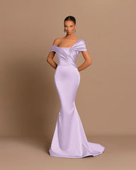 Grey Off-The-Shoulder Bateau Pleated Ball Gown Evening Dress