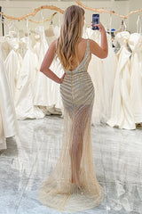 Glitter Golden Backless Beaded Long Prom Dress with Slit