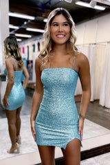 Sparkly Blue Sequins Tight Short Homecoming Dress with Slit