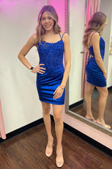 Glitter Royal Blue Corset Spaghetti Straps Tight Short Homecoming Dress with Lace