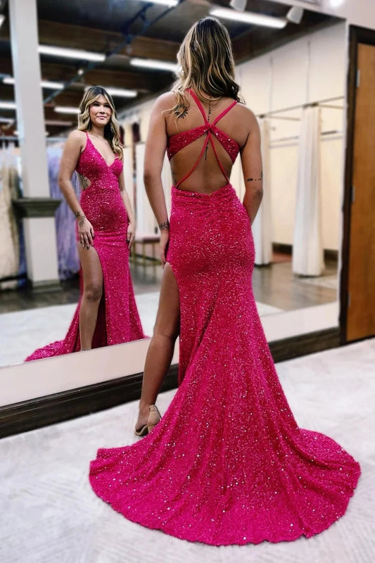 Fuchsia Sparkly Sequins Mermaid Open Back Long Prom Dress with Slit