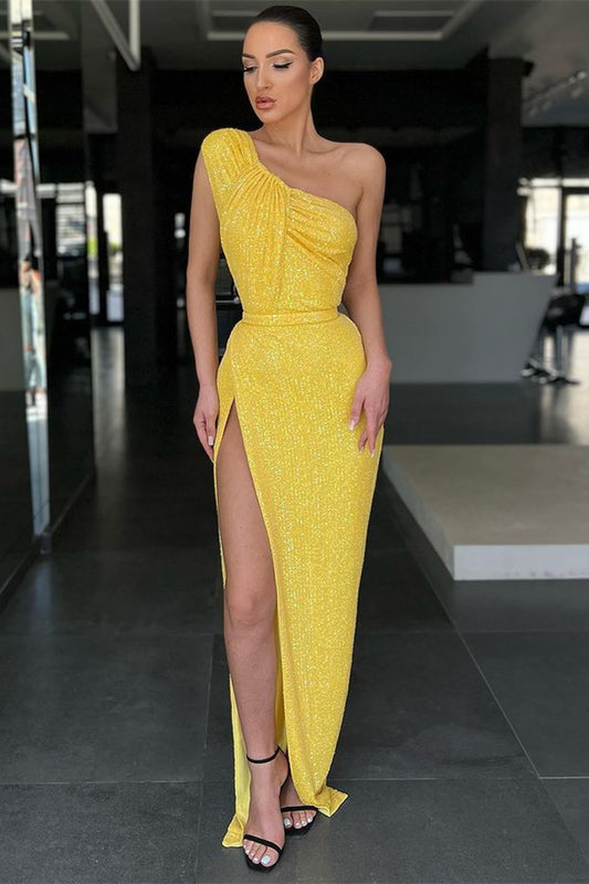 Yellow One-Shoulder Mermaid Evening Dress with Sequins and Split