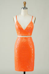 Two Piece Orange Sequins Tight Homecoming Dress