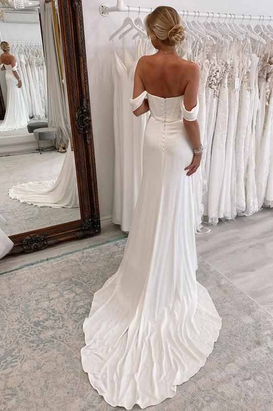 Effortlessly Simple White Long Boho Mermaid Wedding Dress with Slit