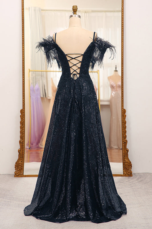 Glitter Black A Line Long Prom Dress With Feather