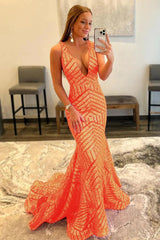 Orange Sparkly Deep V Neck Sequin Mermaid Prom Dress