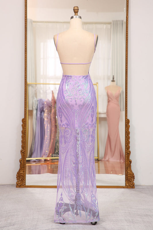 Glitter Lilac Mermaid Spaghetti Straps Backless Long Prom Dress With Embroidery