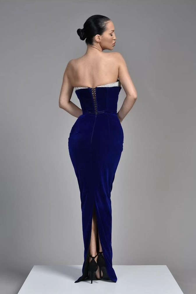 Royal Blue Sleeveless V Neck Samt Evening Dress