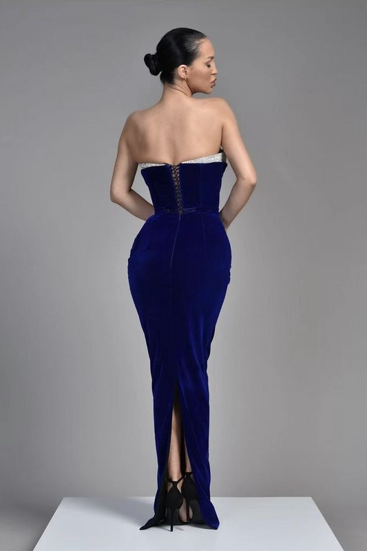 Royal Blue Sleeveless V Neck Samt Evening Dress