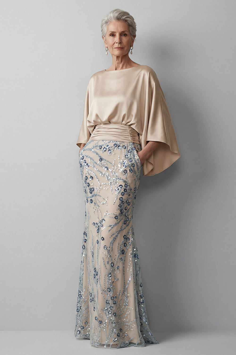 Sparkly Champagne Beaded Floral Mermaid Long Grandmother of the Bride Dress with Pockets