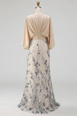 Sparkly Champagne Beaded Floral Mermaid Long Grandmother of the Bride Dress with Pockets