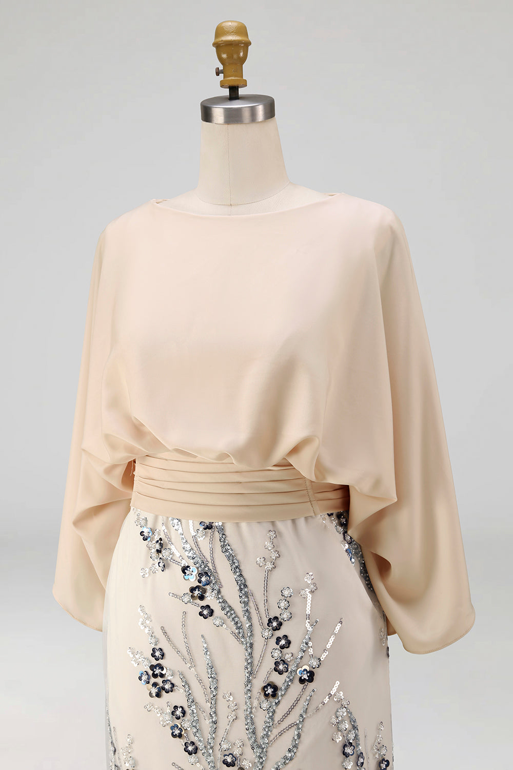 Sparkly Champagne Beaded Floral Mermaid Long Grandmother of the Bride Dress with Pockets