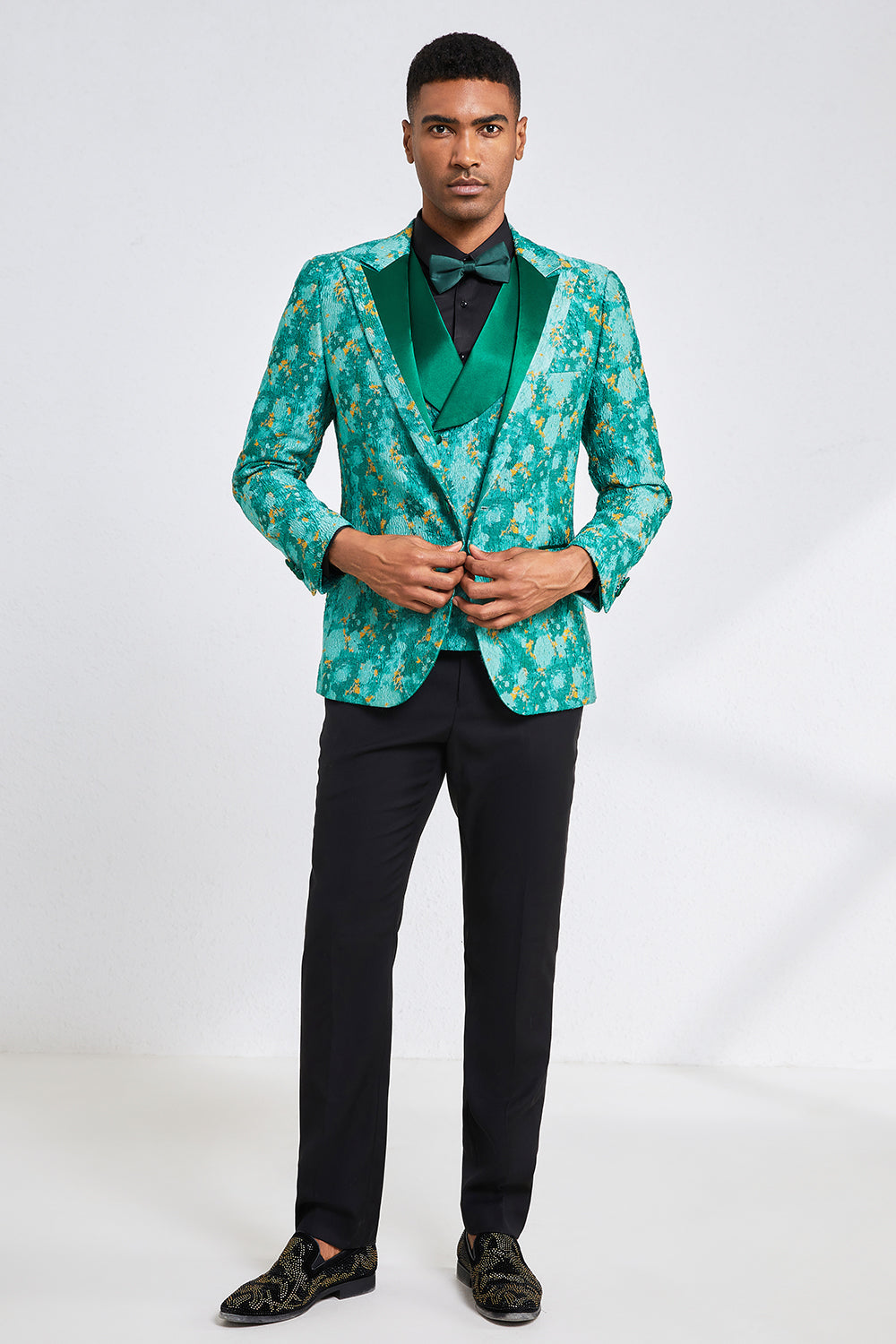 Charming Green Jacquard 3-Piece Peak Lapel Men's Prom Homecoming Suit