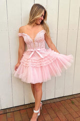 Sparkly Pink Tiered A-Line Tulle Short Homecoming Dress with Lace